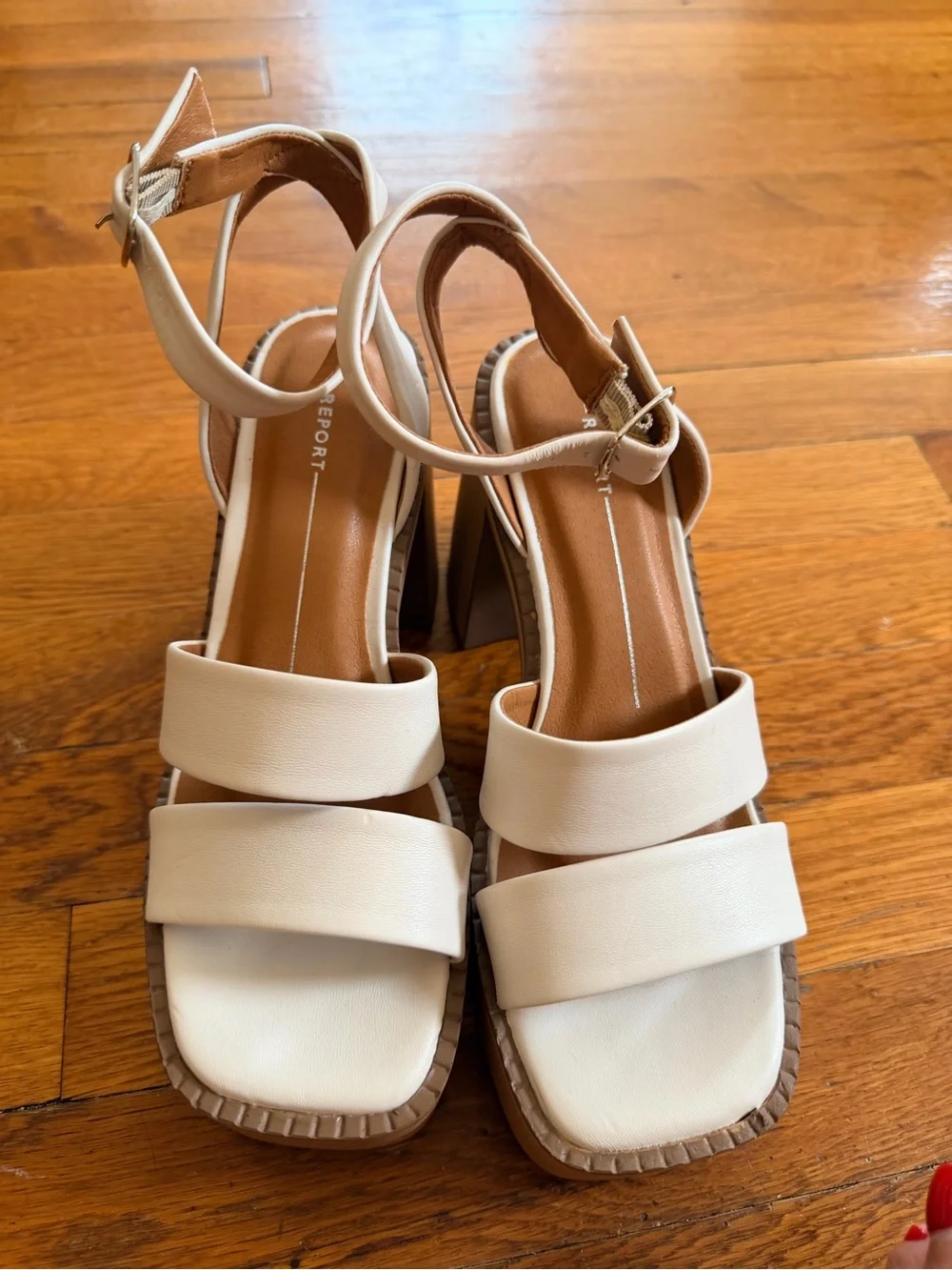 Report beige Leather Platform Ankle-Strap Sandals